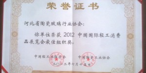 河北省陶瓷玻璃行业协会获2012中国国际轻工消费品展览会最佳组织奖